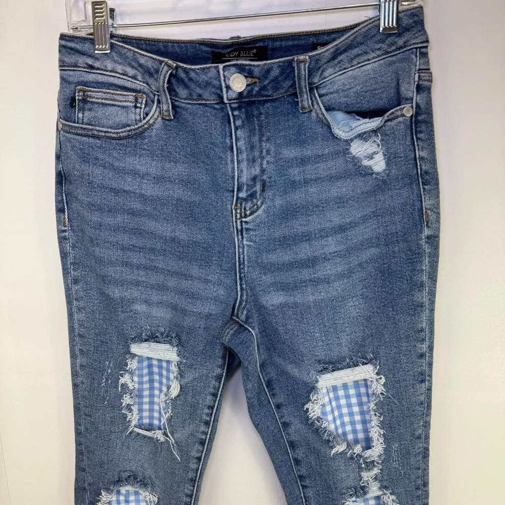 Judy Blue Gingham Distressed Skinny Jeans Raw Hem size 9/29‎ style #JB8832